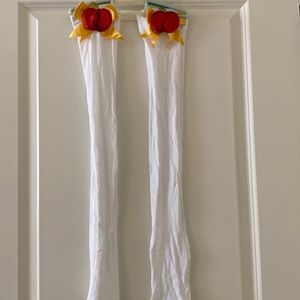 Sequin apple and gold bow detail thigh high stockings